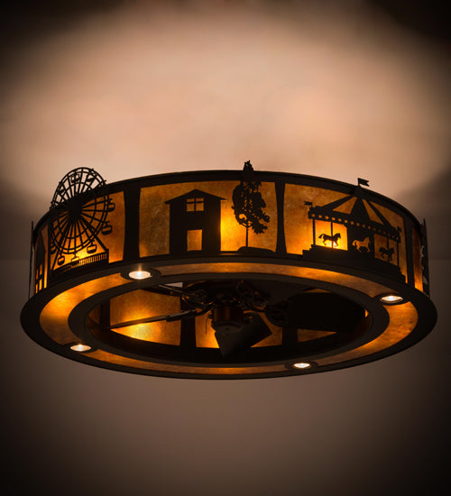 Meyda Lighting County Fair 45" 4-Light Textured Black Chandelier With Amber Mica Shade Glass and Fan