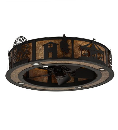 Meyda Lighting County Fair 45" 4-Light Textured Black Chandelier With Amber Mica Shade Glass and Fan