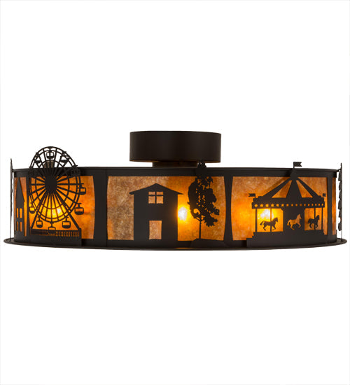 Meyda Lighting County Fair 45" 4-Light Textured Black Chandelier With Amber Mica Shade Glass and Fan