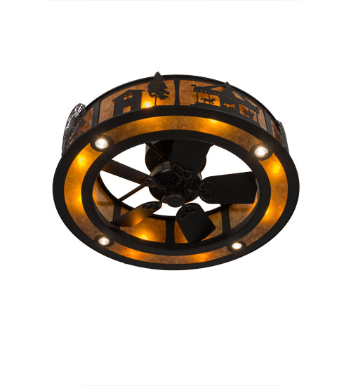 Meyda Lighting County Fair 45" 4-Light Textured Black Chandelier With Amber Mica Shade Glass and Fan