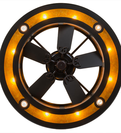 Meyda Lighting County Fair 45" 4-Light Textured Black Chandelier With Amber Mica Shade Glass and Fan