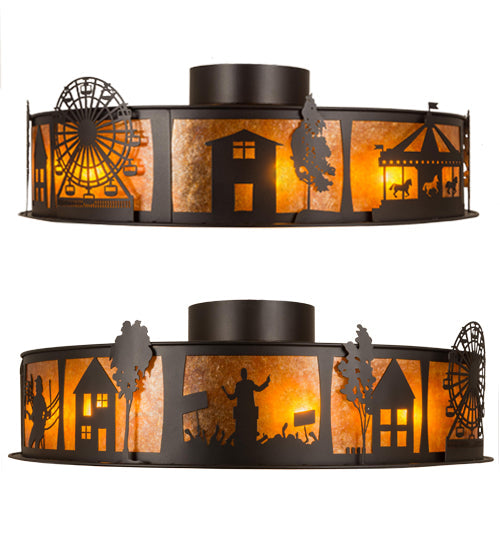 Meyda Lighting County Fair 45" 4-Light Textured Black Chandelier With Amber Mica Shade Glass and Fan
