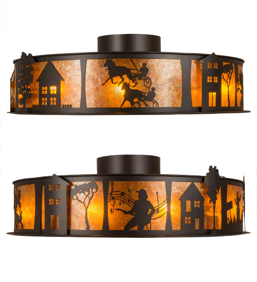 Meyda Lighting County Fair 45" 4-Light Textured Black Chandelier With Amber Mica Shade Glass and Fan