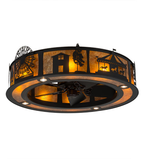 Meyda Lighting County Fair 45" 4-Light Textured Black Chandelier With Amber Mica Shade Glass and Fan