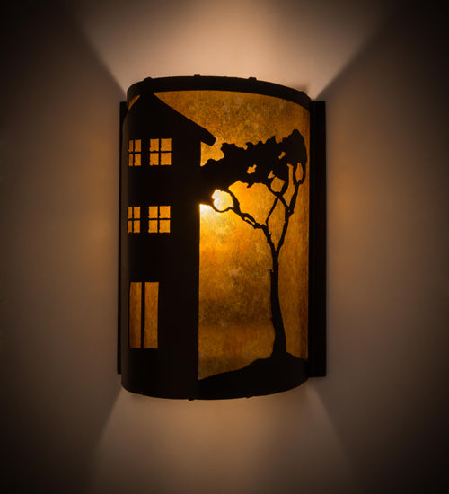 Meyda Lighting County Fair 8" Textured Black Wall Sconce With Amber Mica Shade Glass
