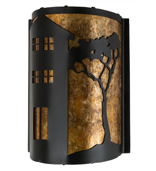 Meyda Lighting County Fair 8" Textured Black Wall Sconce With Amber Mica Shade Glass