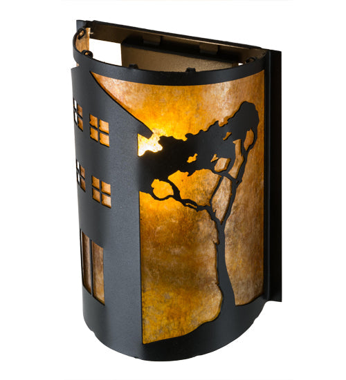 Meyda Lighting County Fair 8" Textured Black Wall Sconce With Amber Mica Shade Glass