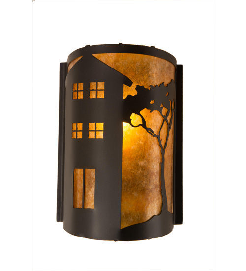 Meyda Lighting County Fair 8" Textured Black Wall Sconce With Amber Mica Shade Glass