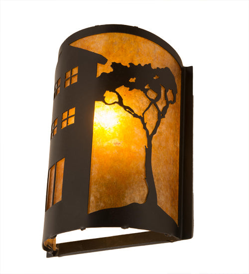Meyda Lighting County Fair 8" Textured Black Wall Sconce With Amber Mica Shade Glass