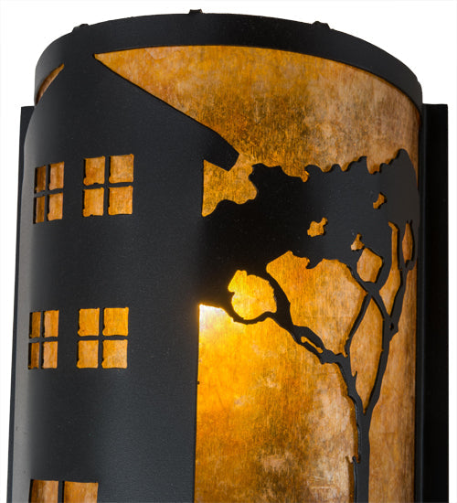 Meyda Lighting County Fair 8" Textured Black Wall Sconce With Amber Mica Shade Glass