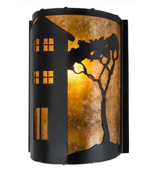 Meyda Lighting County Fair 8" Textured Black Wall Sconce With Amber Mica Shade Glass