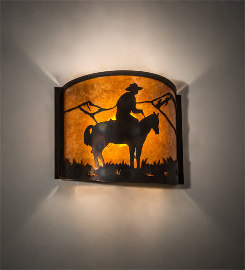 Meyda Lighting Cowboy 12" Dark Burnished Antique Copper Wall Sconce With Amber Mica Shade Glass