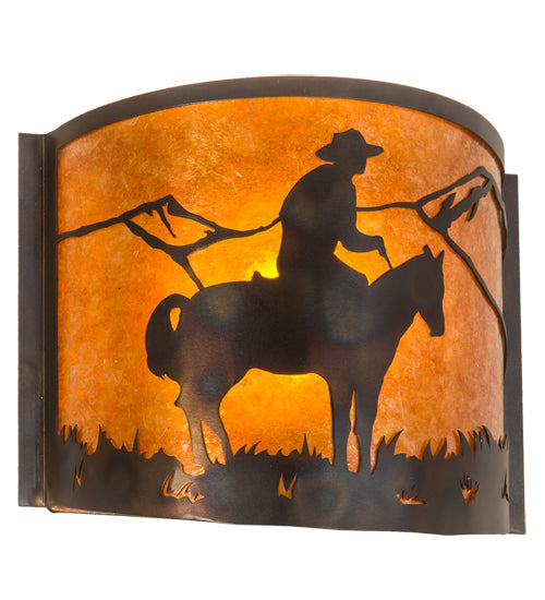 Meyda Lighting Cowboy 12" Dark Burnished Antique Copper Wall Sconce With Amber Mica Shade Glass