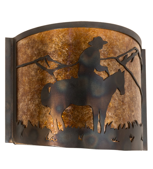 Meyda Lighting Cowboy 12" Dark Burnished Antique Copper Wall Sconce With Amber Mica Shade Glass