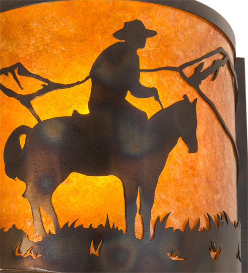 Meyda Lighting Cowboy 12" Dark Burnished Antique Copper Wall Sconce With Amber Mica Shade Glass