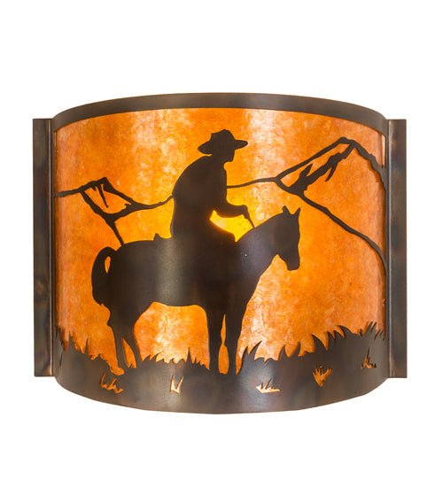 Meyda Lighting Cowboy 12" Dark Burnished Antique Copper Wall Sconce With Amber Mica Shade Glass