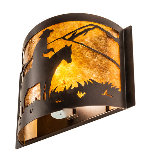 Meyda Lighting Cowboy 12" Mahogany Bronze Wall Sconce With Amber Mica Shade Glass