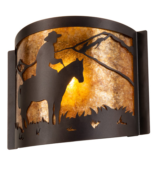 Meyda Lighting Cowboy 12" Mahogany Bronze Wall Sconce With Amber Mica Shade Glass