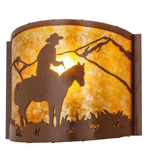 Meyda Lighting Cowboy 12" Rust Wall Sconce With Amber Mica Shade Glass