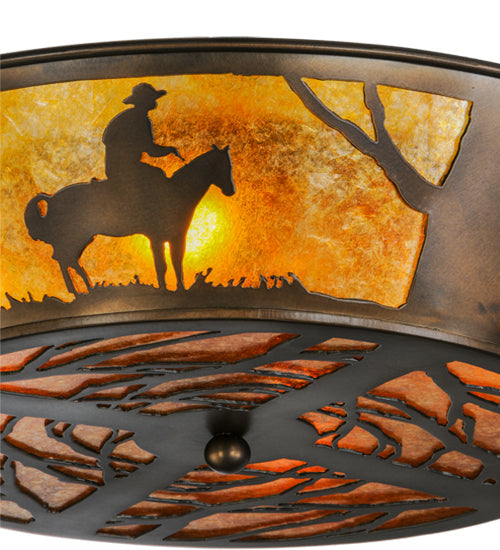 Meyda Lighting Cowboy 22" 4-Light Antique Copper Flush Mount Light With Amber Mica Shade Glass