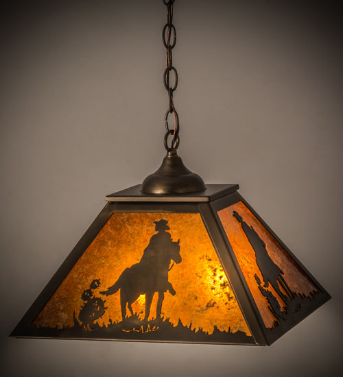 Meyda Lighting Cowboy 23" 2-Light Antique Copper Pendant Light With Amber Mica Shade Glass