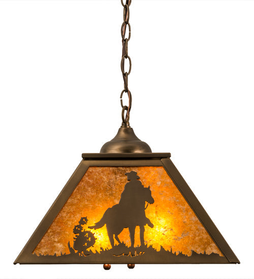 Meyda Lighting Cowboy 23" 2-Light Antique Copper Pendant Light With Amber Mica Shade Glass