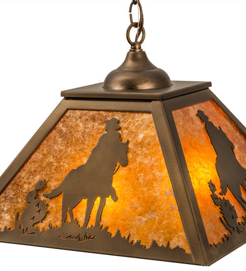 Meyda Lighting Cowboy 23" 2-Light Antique Copper Pendant Light With Amber Mica Shade Glass