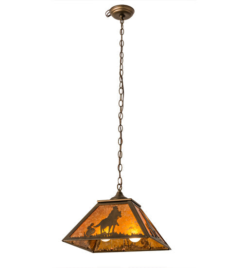 Meyda Lighting Cowboy 23" 2-Light Antique Copper Pendant Light With Amber Mica Shade Glass