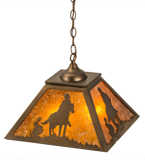 Meyda Lighting Cowboy 23" 2-Light Antique Copper Pendant Light With Amber Mica Shade Glass