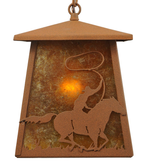 Meyda Lighting Cowboy & Steer 10" Rust Pendant Light With Amber Mica Shade Glass