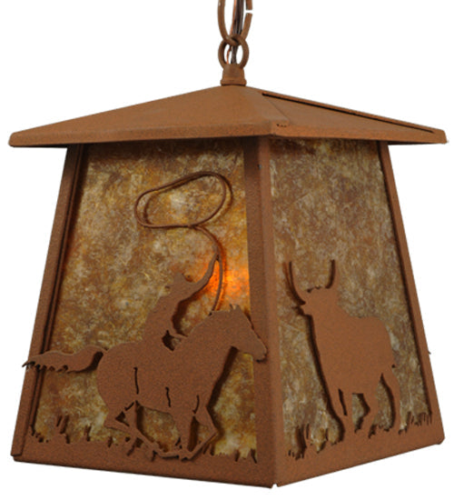 Meyda Lighting Cowboy & Steer 10" Rust Pendant Light With Amber Mica Shade Glass
