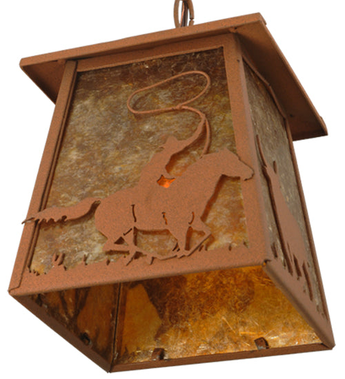 Meyda Lighting Cowboy & Steer 10" Rust Pendant Light With Amber Mica Shade Glass