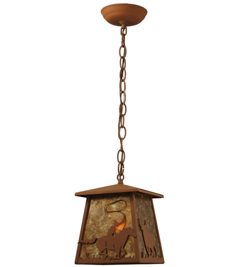 Meyda Lighting Cowboy & Steer 10" Rust Pendant Light With Amber Mica Shade Glass
