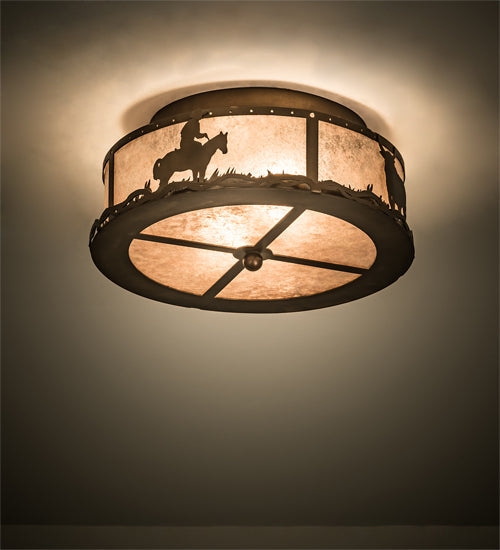 Meyda Lighting Cowboy & Steer 16" 2-Light Antique Copper Flush Mount Light With Silver Mica Shade Glass