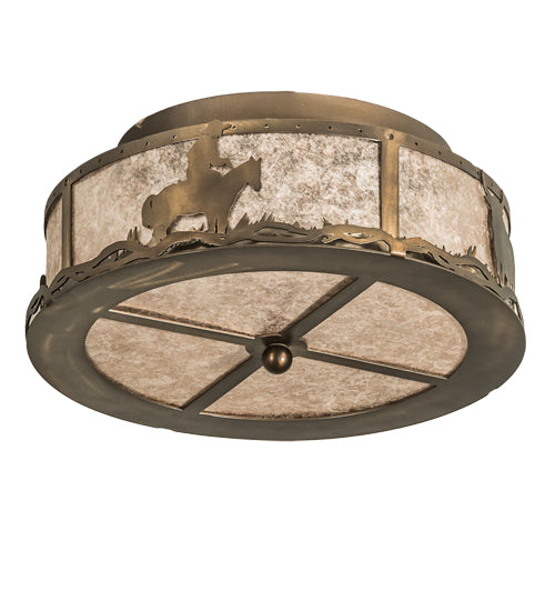 Meyda Lighting Cowboy & Steer 16" 2-Light Antique Copper Flush Mount Light With Silver Mica Shade Glass