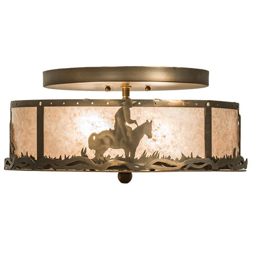 Meyda Lighting Cowboy & Steer 16" 2-Light Antique Copper Flush Mount Light With Silver Mica Shade Glass