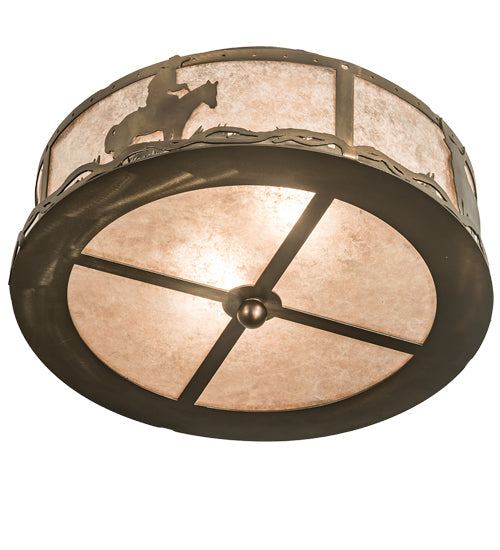 Meyda Lighting Cowboy & Steer 16" 2-Light Antique Copper Flush Mount Light With Silver Mica Shade Glass