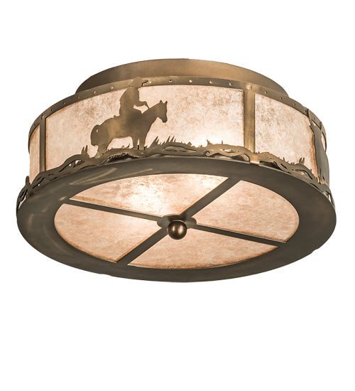 Meyda Lighting Cowboy & Steer 16" 2-Light Antique Copper Flush Mount Light With Silver Mica Shade Glass