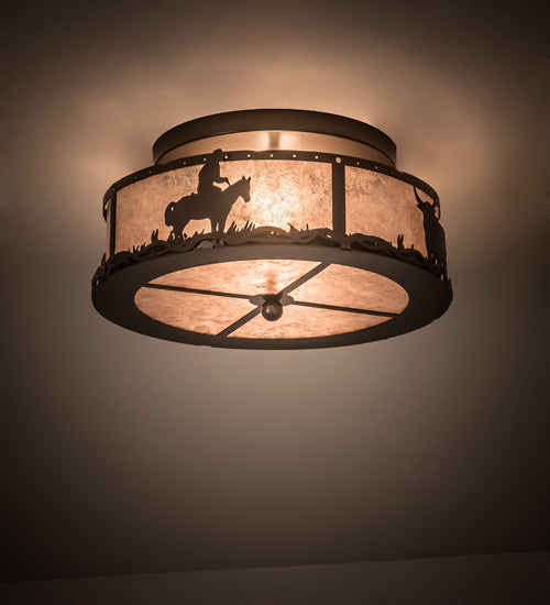 Meyda Lighting Cowboy & Steer 16" 2-Light Bronze Flush Mount Light With Silver Mica Shade Glass