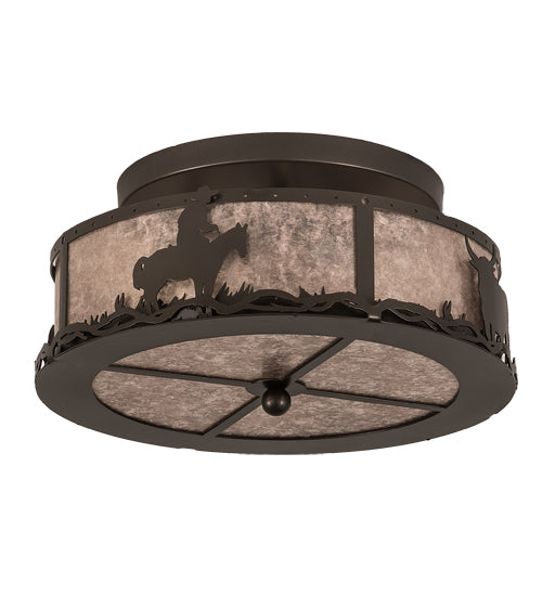 Meyda Lighting Cowboy & Steer 16" 2-Light Bronze Flush Mount Light With Silver Mica Shade Glass