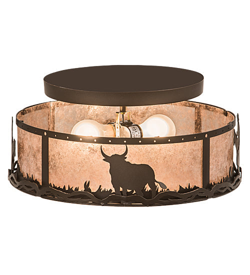 Meyda Lighting Cowboy & Steer 16" 2-Light Bronze Flush Mount Light With Silver Mica Shade Glass