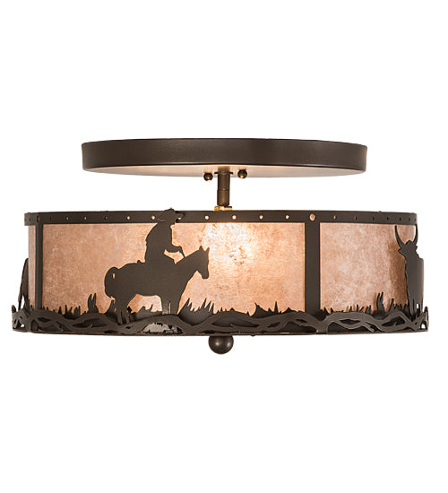 Meyda Lighting Cowboy & Steer 16" 2-Light Bronze Flush Mount Light With Silver Mica Shade Glass