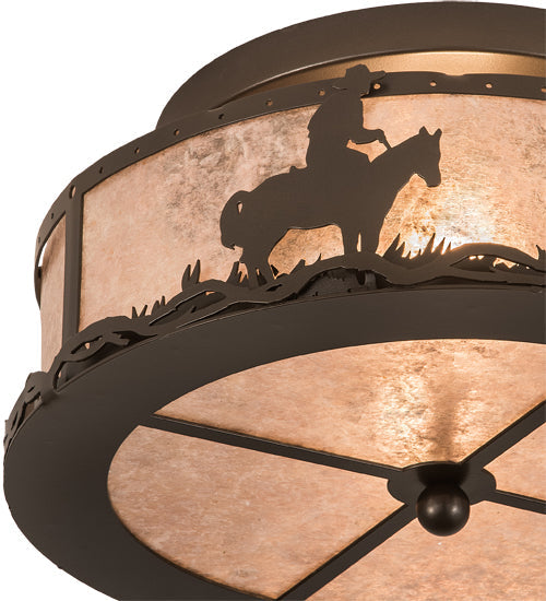 Meyda Lighting Cowboy & Steer 16" 2-Light Bronze Flush Mount Light With Silver Mica Shade Glass