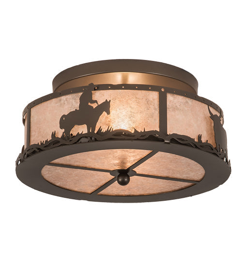 Meyda Lighting Cowboy & Steer 16" 2-Light Bronze Flush Mount Light With Silver Mica Shade Glass