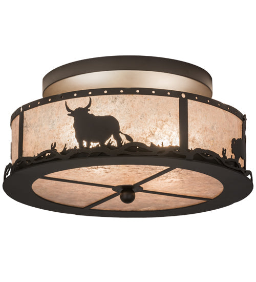 Meyda Lighting Cowboy & Steer 16" 2-Light Oil Rubbed Bronze Flush Mount Light With Silver Mica Shade Glass