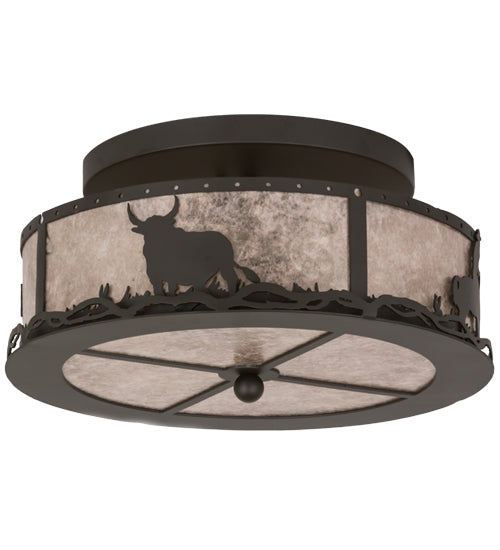 Meyda Lighting Cowboy & Steer 16" 2-Light Oil Rubbed Bronze Flush Mount Light With Silver Mica Shade Glass