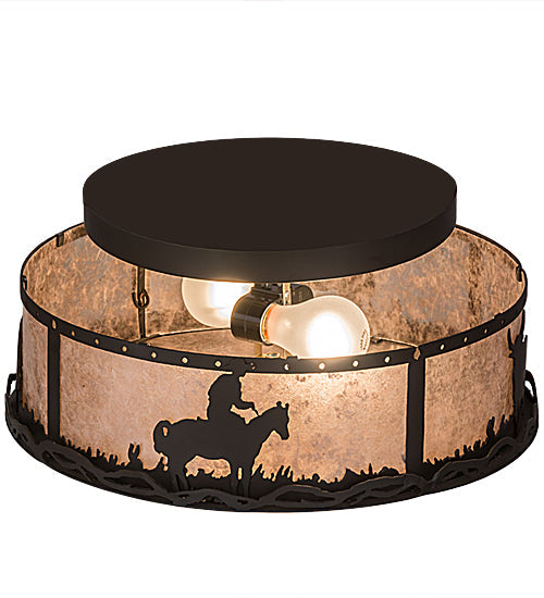 Meyda Lighting Cowboy & Steer 16" 2-Light Oil Rubbed Bronze Flush Mount Light With Silver Mica Shade Glass