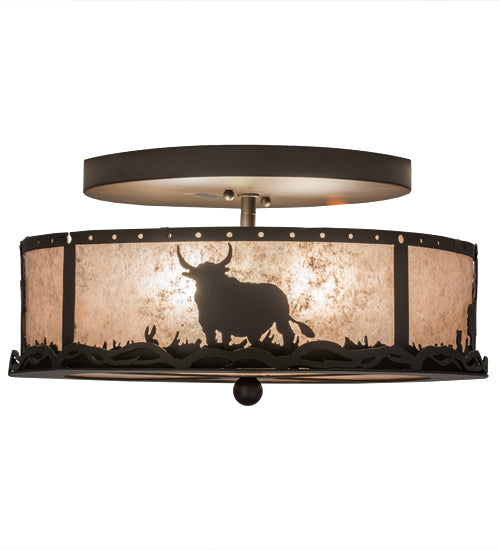 Meyda Lighting Cowboy & Steer 16" 2-Light Oil Rubbed Bronze Flush Mount Light With Silver Mica Shade Glass