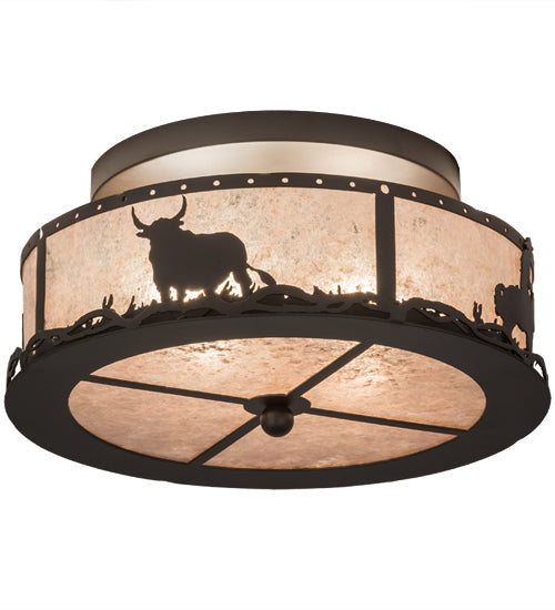 Meyda Lighting Cowboy & Steer 16" 2-Light Oil Rubbed Bronze Flush Mount Light With Silver Mica Shade Glass