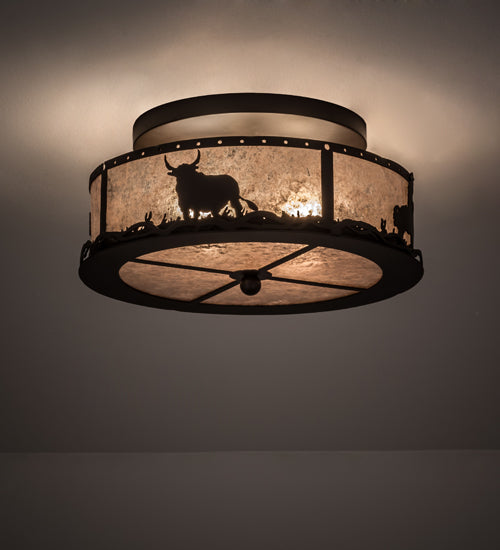 Meyda Lighting Cowboy & Steer 16" 2-Light Oil Rubbed Bronze Flush Mount Light With Silver Mica Shade Glass